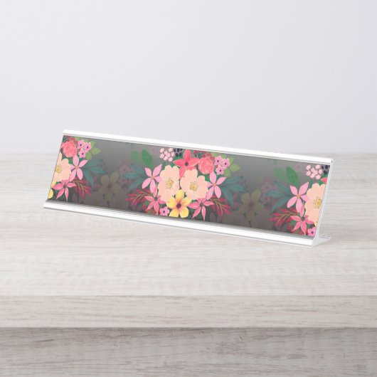 水彩かわいらしフローラ白黒グラデーションデザイン デスクネームプレート (正面)