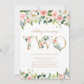 水彩かわいらしフローラ金ゴールドガール第2誕生日 招待状 (正面)