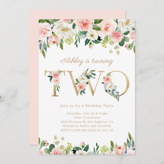 水彩かわいらしフローラ金ゴールドガール第2誕生日 招待状 (正面/裏面)