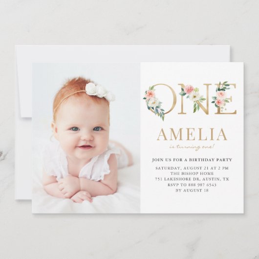 水彩かわいらしフローラ金ゴールド第1の誕生日写真 招待状 (正面)