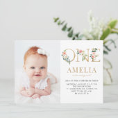 水彩かわいらしフローラ金ゴールド第1の誕生日写真 招待状 (スタンド正面)