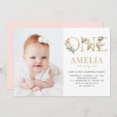 水彩かわいらしフローラ金ゴールド第1の誕生日写真 招待状 (正面/裏面)