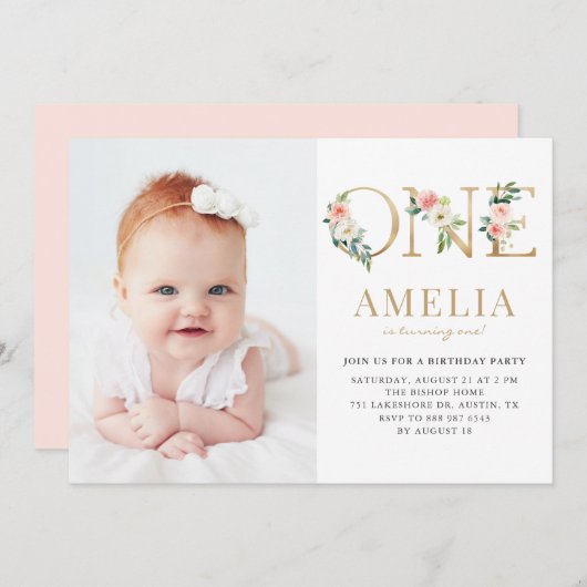 水彩かわいらしフローラ金ゴールド第1の誕生日写真 招待状 (正面/裏面)