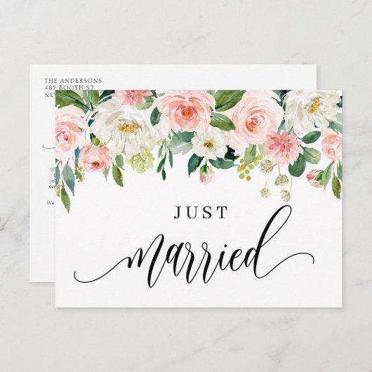 水彩かわいらし春の花たった今結婚しました 案内ポストカード (正面/裏面)