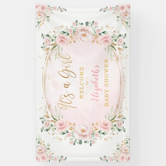 水彩かわいらし赤面フローラベビーガールシャワー 横断幕 (縦)