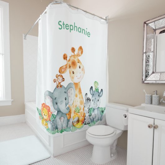 水彩がかわいいサファリジャングル動物 シャワーカーテン (インサイチュ)