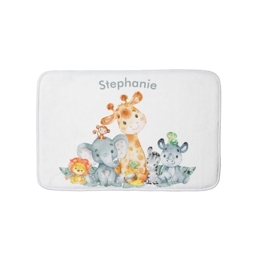 水彩がかわいいサファリジャングル動物 バスマット (正面)