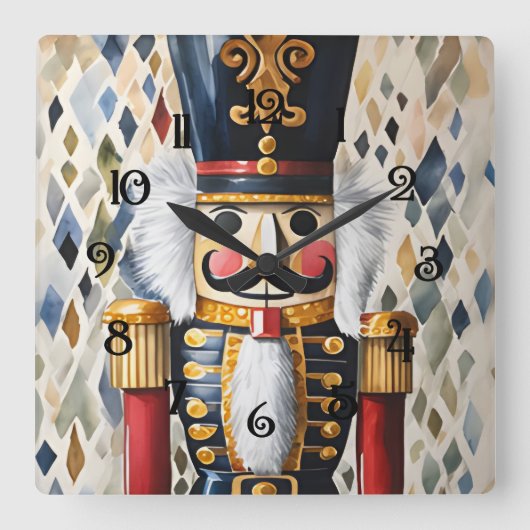 水彩が飾られたクリスマスくるみ割り スクエア壁時計 (正面)