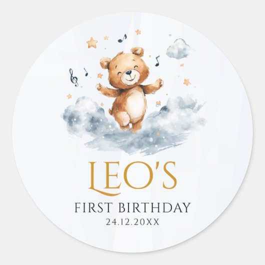 水彩くまさん 1歳誕生日 ギフトタグシール ラウンドシール (正面)