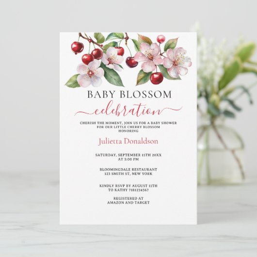 水彩さくらんぼさくらんぼ花咲き赤ちゃんシャワー 招待状 (スタンド正面)