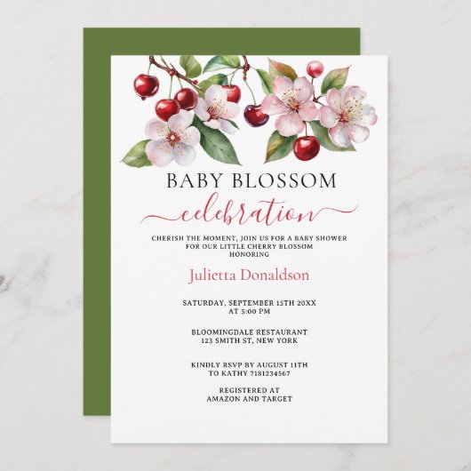 水彩さくらんぼさくらんぼ花咲き赤ちゃんシャワー 招待状 (正面/裏面)