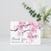 水彩さくらんぼはピンクのフローラスクリプトを咲かせる サンキューカード (スタンド正面)