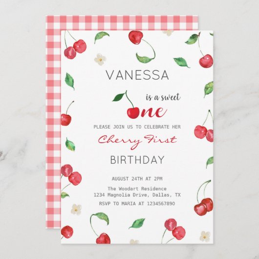 水彩さくらんぼガールファースト誕生日招待状 招待状 (正面/裏面)