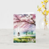 水彩さくらんぼツリーと女の子をスイング カード (黄色い花)