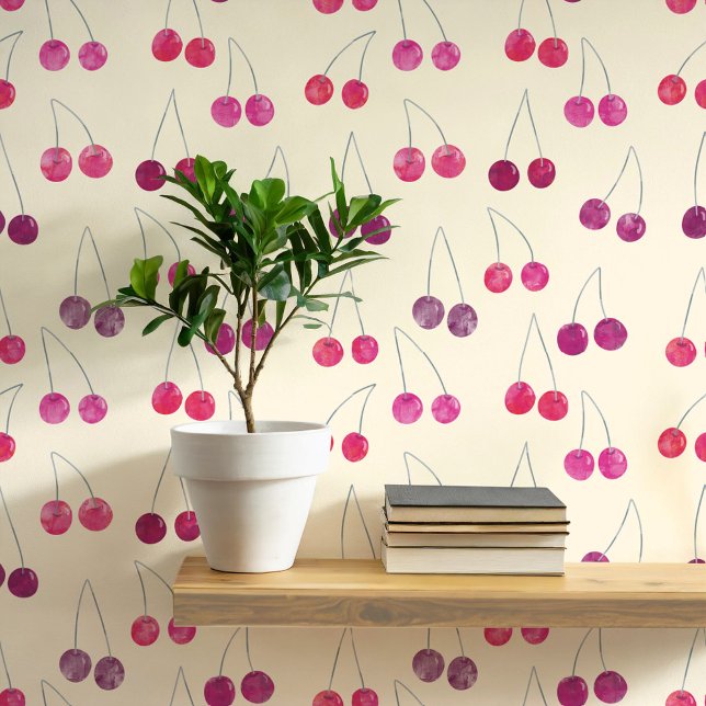 水彩さくらんぼパターン 壁紙 (Sweet watercolor cherry pattern art wallpaper In cream)
