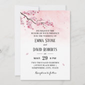 水彩さくらんぼブロッサムピンク結婚フローラ 招待状 (正面)