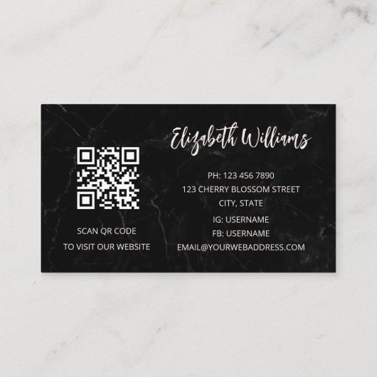 水彩さくらんぼブロッサムブラックマーブル | Qrコード 名刺 (裏面)