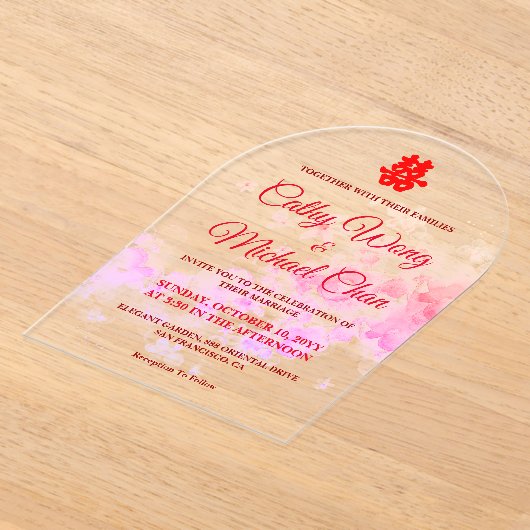 水彩さくらんぼモダン中国の結婚の花 アクリル招待状 (レイダウン)