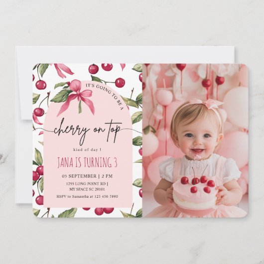 水彩さくらんぼレッド&ピンクフォト誕生日 招待状 (正面)