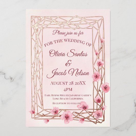 水彩さくらんぼ花オンバラ金ゴールドトレリス 箔招待状 (正面)