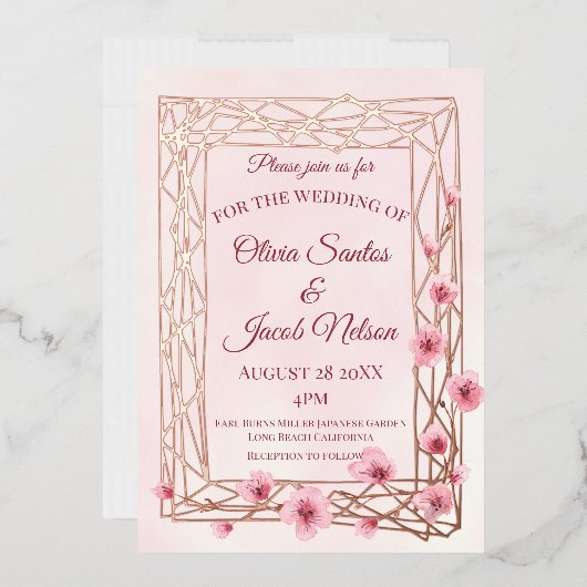 水彩さくらんぼ花オンバラ金ゴールドトレリス 箔招待状 (封筒)