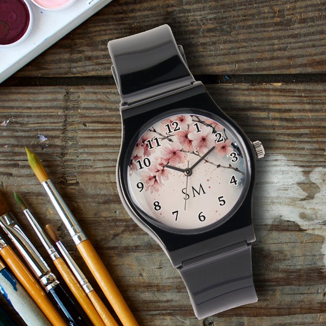 水彩さくらんぼ花フローラモノグラムの 腕時計 (クリエイターアップロード済み)