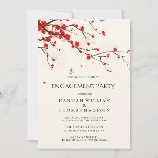 水彩さくらんぼ花フローラ婚約パーティ 招待状 (正面)