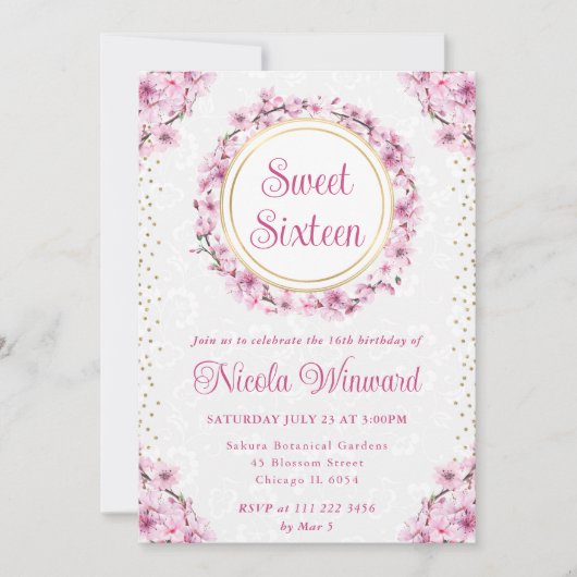 水彩さくらんぼ花リーススイーツ16 招待状 (正面)