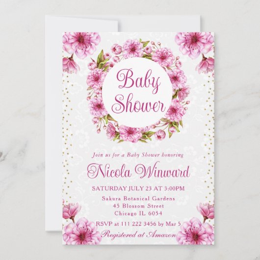 水彩さくらんぼ花リースベビーシャワー 招待状 (正面)