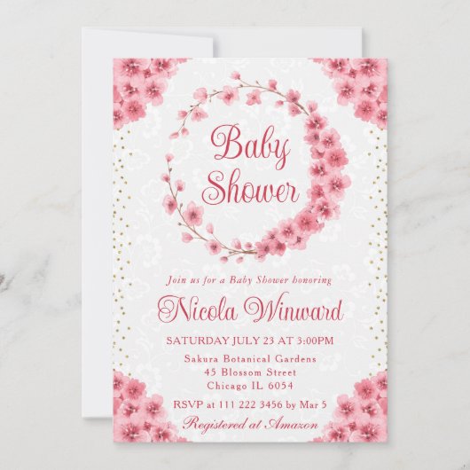 水彩さくらんぼ花リースベビーシャワー 招待状 (正面)