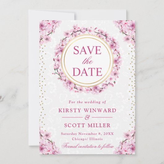 水彩さくらんぼ花リース結婚ズ セーブザデート (正面)