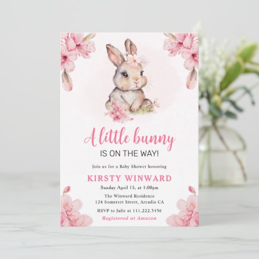 水彩さくらんぼ花咲うさぎ赤ちゃんシャワー 招待状 (スタンド正面)