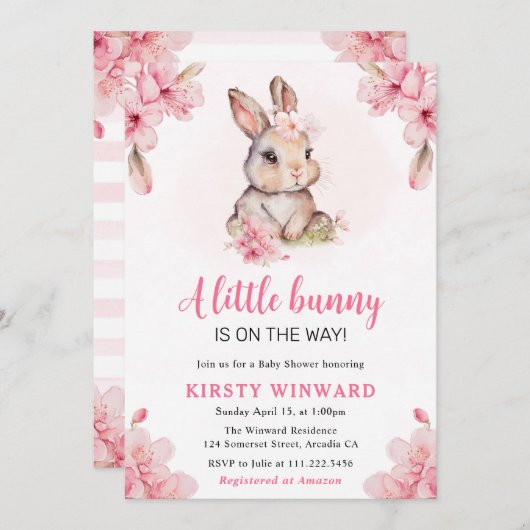 水彩さくらんぼ花咲うさぎ赤ちゃんシャワー 招待状 (正面/裏面)