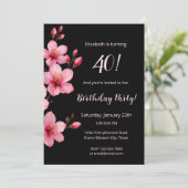 水彩さくらんぼ花咲きピンクブラック誕生日 招待状 (スタンド正面)