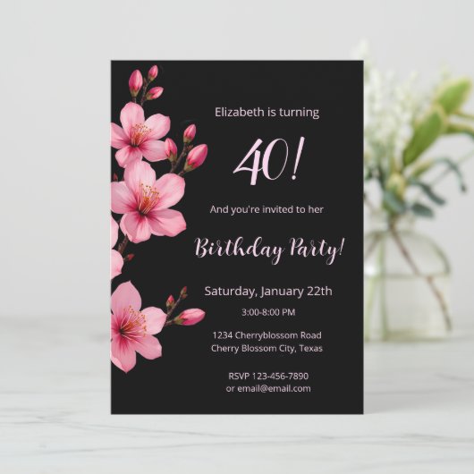 水彩さくらんぼ花咲きピンクブラック誕生日 招待状 (スタンド正面)
