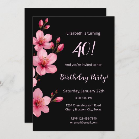 水彩さくらんぼ花咲きピンクブラック誕生日 招待状 (正面/裏面)