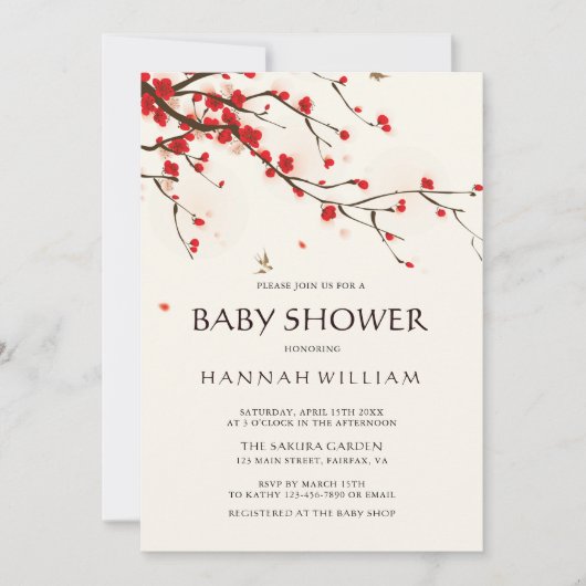 水彩さくらんぼ花咲きフローラ赤ちゃんシャワー 招待状 (正面)