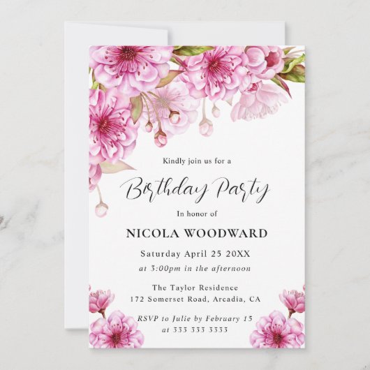 水彩さくらんぼ花咲き枝バースデーパーティー 招待状 (正面)