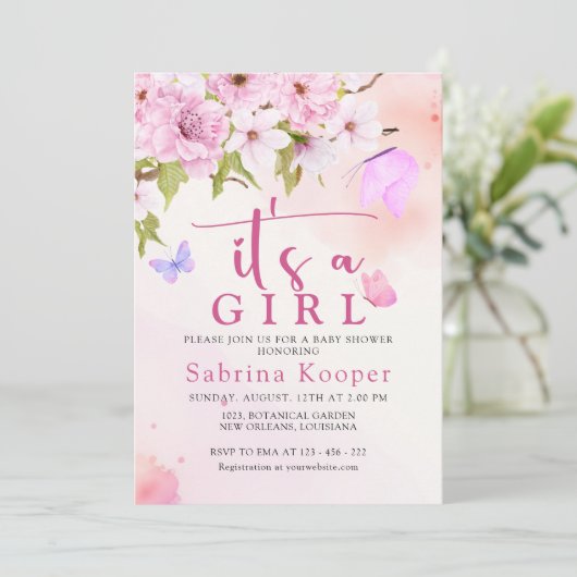 水彩さくらんぼ花女の子ベビーシャワー 招待状 (スタンド正面)