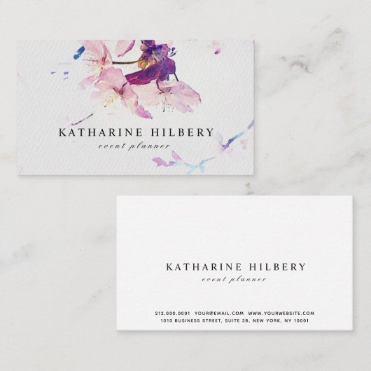 水彩さくらんぼ花紫色の名刺 名刺 (正面/裏面)