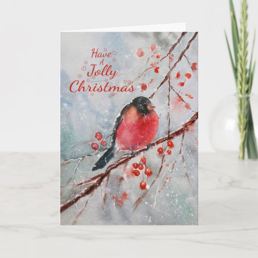水彩すてきクリスマス冬の雪鳥レッド シーズンカード (正面)