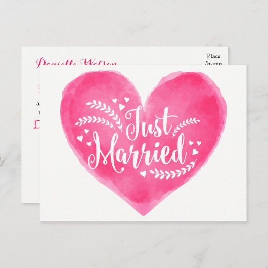 水彩たった今結婚しましたレッドピンク結婚ズハート 案内ポストカード (正面/裏面)