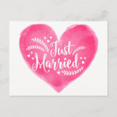 水彩たった今結婚しましたレッドピンク結婚ズハート 案内ポストカード (正面)