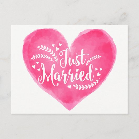 水彩たった今結婚しましたレッドピンク結婚ズハート 案内ポストカード (正面)