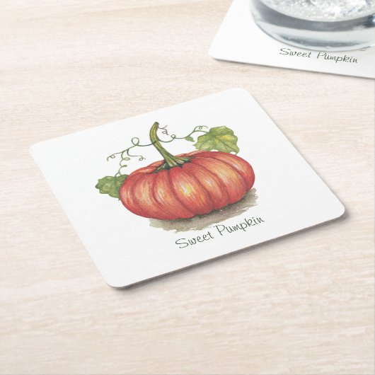 水彩つる植物のかわいいカボチャ スクエアペーパーコースター (アングル)