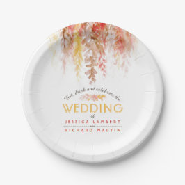 水彩つる植物オレンジ赤褐色秋の結婚式 ペーパープレート