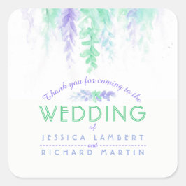 水彩つる植物グリーンパープル結婚式用シール スクエアシール