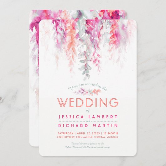 水彩つる植物コーラルグリーンピンクレッド結婚ズ 招待状 (正面/裏面)
