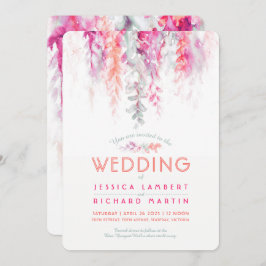 水彩つる植物コーラルグリーンピンクレッド結婚ズ 招待状
