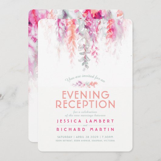 水彩つる植物コーラルピンクグリーン夕べ披露宴 招待状 (正面/裏面)